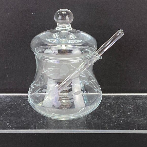 Vintage Princess House Heritage Etched Glass Condiment Jar With Lid & Spoon - Picture 3 of 12